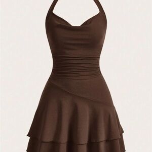 Brown Ruffle Hem Halter Dress